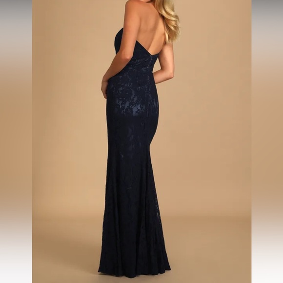 Wow the Crowd Navy Blue Lace Strapless Gown - Picture 2 of 5